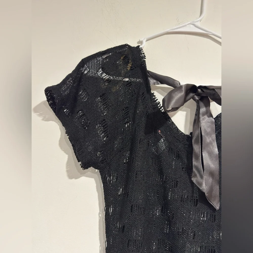 Si Designs Black Crochet Swim Cover Up Dress Ruched Tie Back Beachwear Size S
